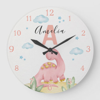 Personalized Pink Dinosaur Nursery Large Clock