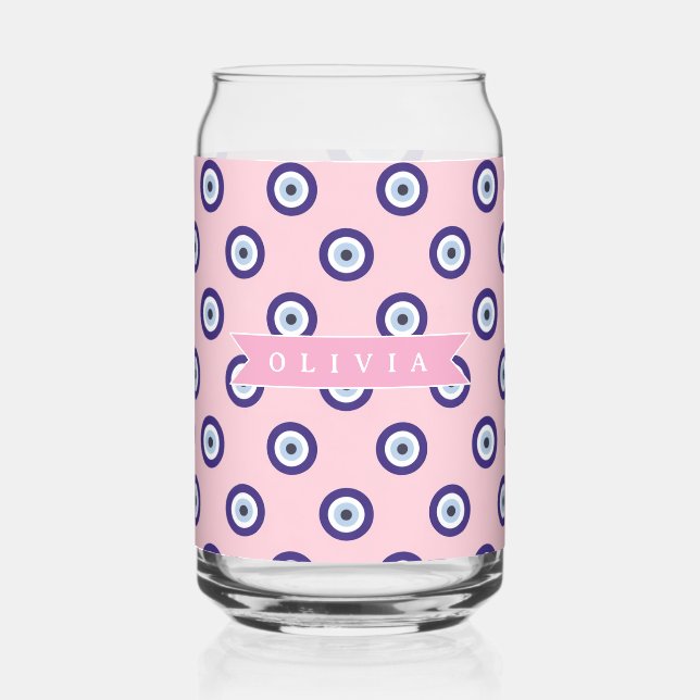 Personalized Pink Evil Eye Pattern Gifts With Name Can Glass (Front)