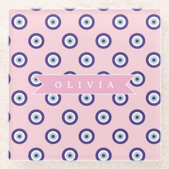 Personalized Pink Evil Eye Pattern Gifts With Name Glass Coaster (Front)
