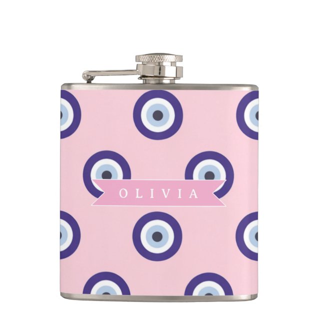 Personalized Pink Evil Eye Pattern Gifts With Name Hip Flask (Front)