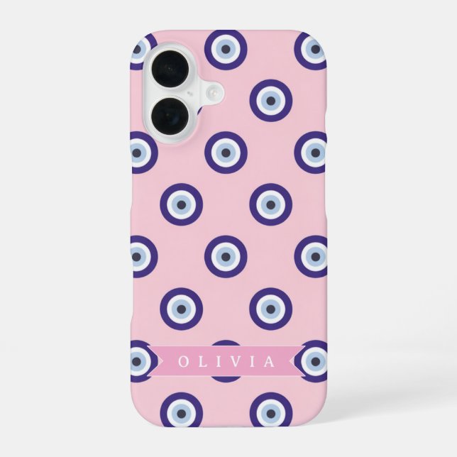 Personalized Pink Evil Eye Pattern Gifts With Name iPhone 16 Case (Back)