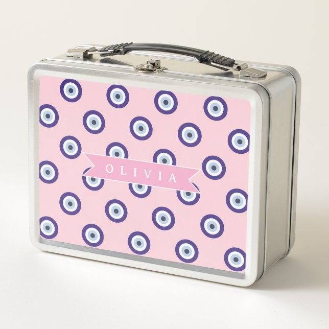 Personalized Pink Evil Eye Pattern Gifts With Name Metal Lunch Box (Front)