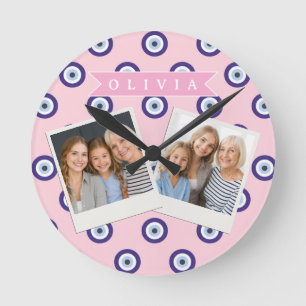 Personalized Pink Evil Eye Pattern Gifts With Name Round Clock