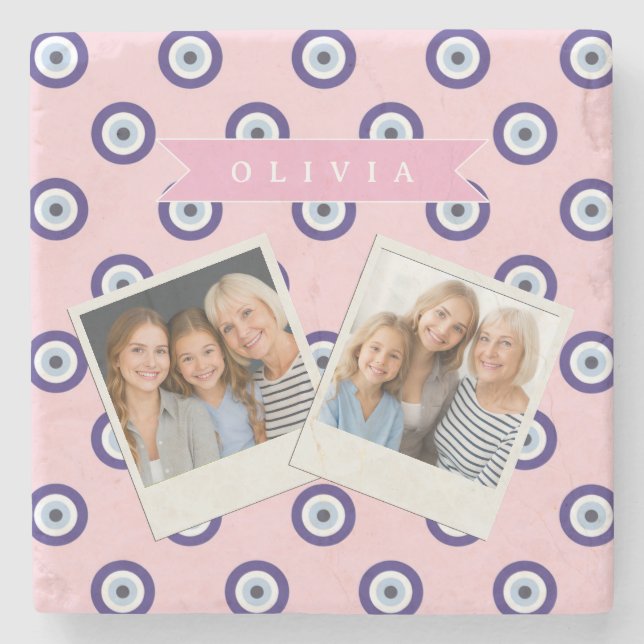 Personalized Pink Evil Eye Pattern Gifts With Name Stone Coaster (Front)