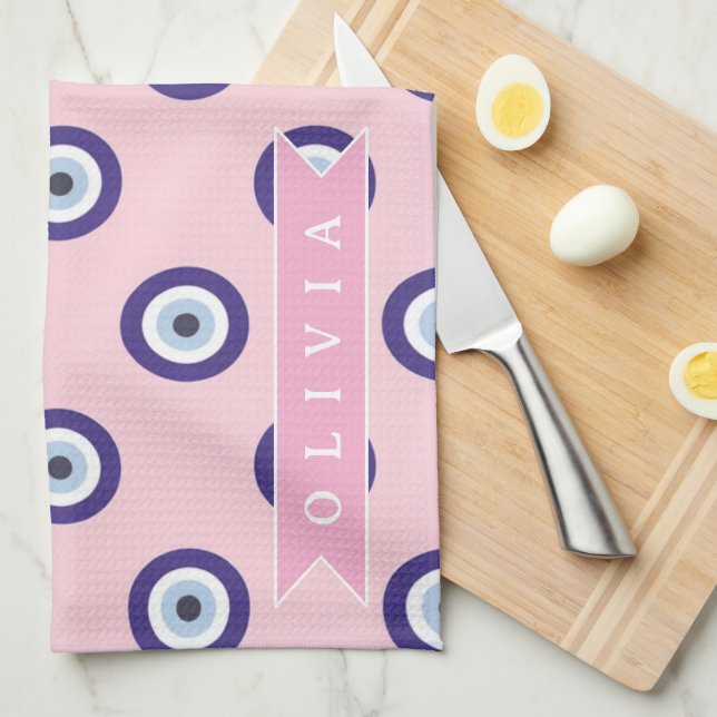 Personalized Pink Evil Eye Pattern Gifts With Name Tea Towel (Quarter Fold)