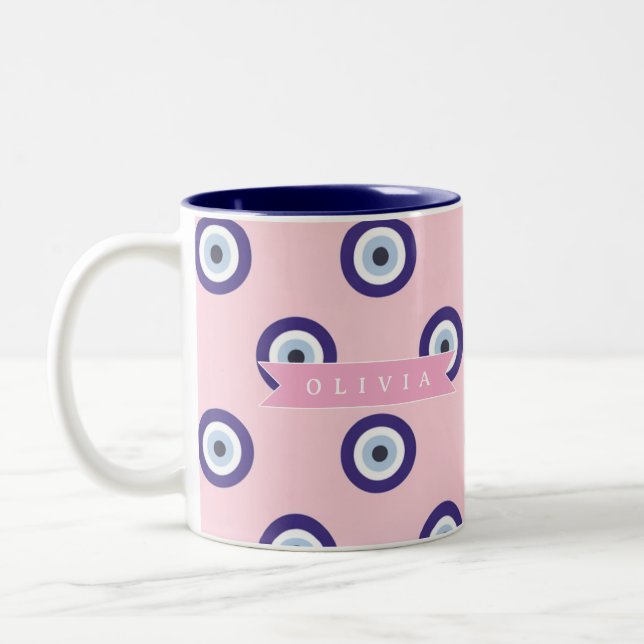 Personalized Pink Evil Eye Pattern Gifts With Name Two-Tone Coffee Mug (Left)