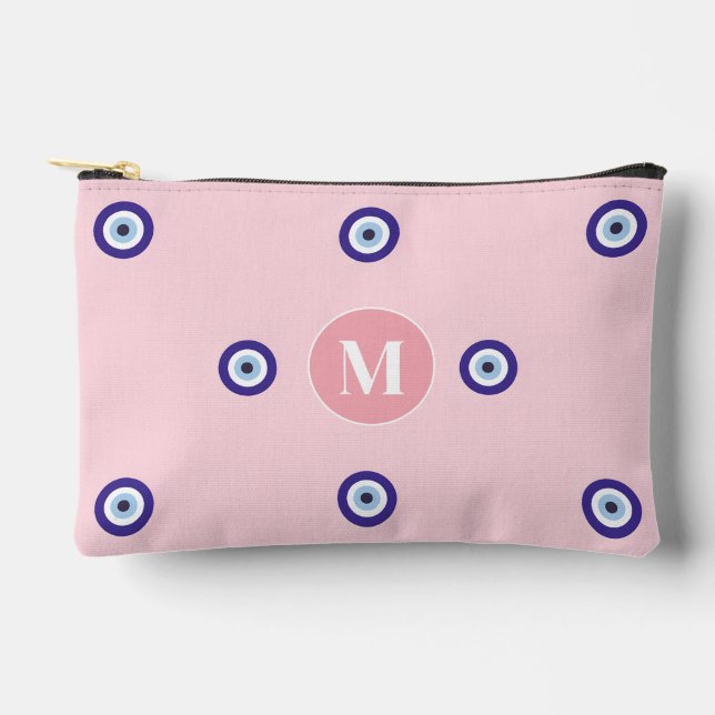 Personalized Pink Evil Eye Pattern Monogram Accessory Pouch (Front)