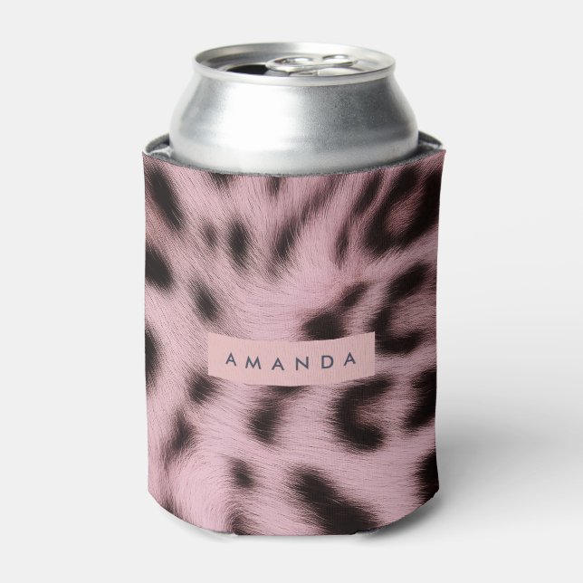 Personalized Pink Faux Fur Leopard Print Can Cooler (Can Front)