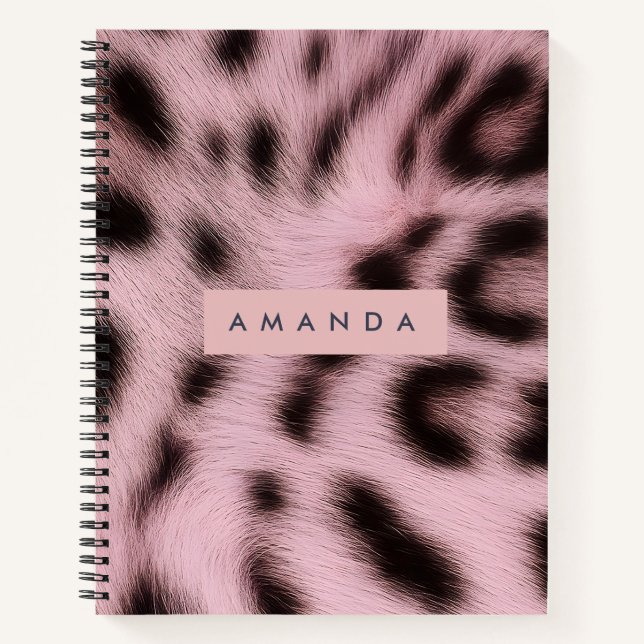 Personalized Pink Faux Fur Leopard Print Notebook (Front)