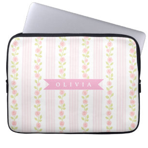 Personalized pink feminine coquette floral striped laptop sleeve