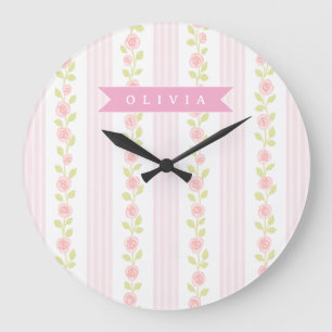 Personalized pink feminine coquette floral striped large clock