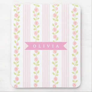 Personalized pink feminine coquette floral striped mouse mat