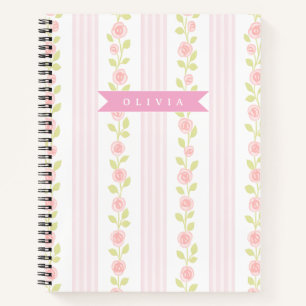 Personalized pink feminine coquette floral striped notebook