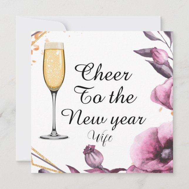 Personalized pink floral champagne glass typograph holiday card (Front)