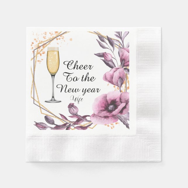Personalized pink floral champagne glass typograph napkin (Front)