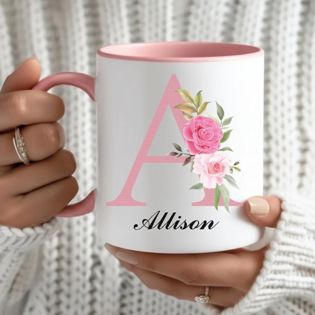 Personalized Pink Floral Monogram Mug Gift for Her (Custom Pink Floral Monogram Mug Gift for Her, Wildflower Initial Name Mug Birthday Gift for Mom)