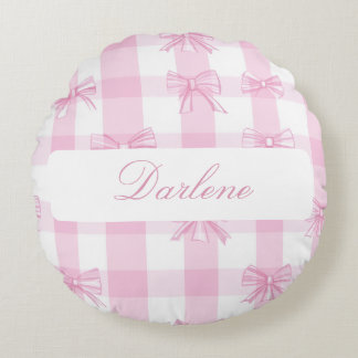 Personalized Pink Gingham Bow Round Cushion