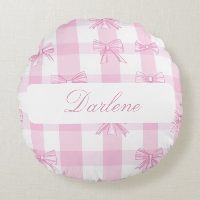 Personalized Pink Gingham Bow Round Cushion (Front)
