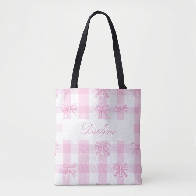Personalized Pink Gingham Bow Tote Bag (Front)