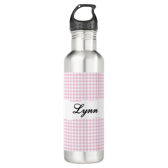 Personalized Pink Gingham Pattern & Custom Name 710 Ml Water Bottle (Front)
