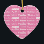 Personalized Pink Girls Name Collage Christmas Ceramic Tree Decoration<br><div class="desc">A pretty personalized heart shaped Christmas ornament gift gift for a little girl decorated in nine different fonts spelling your name in white. Cute customizable present with fun typography.</div>