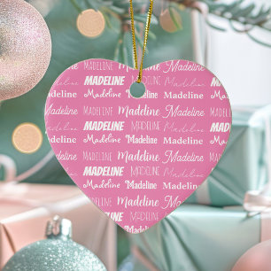 Personalized Pink Girls Name Collage Christmas Ceramic Tree Decoration