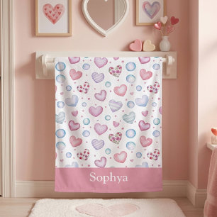 Personalized Pink Heart Kids Beach Towel