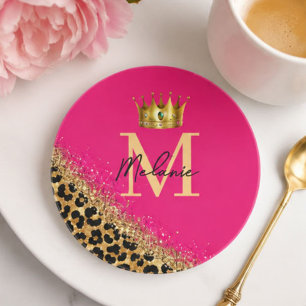 Personalized Pink Leopard Gold Glitter Monogram Coaster