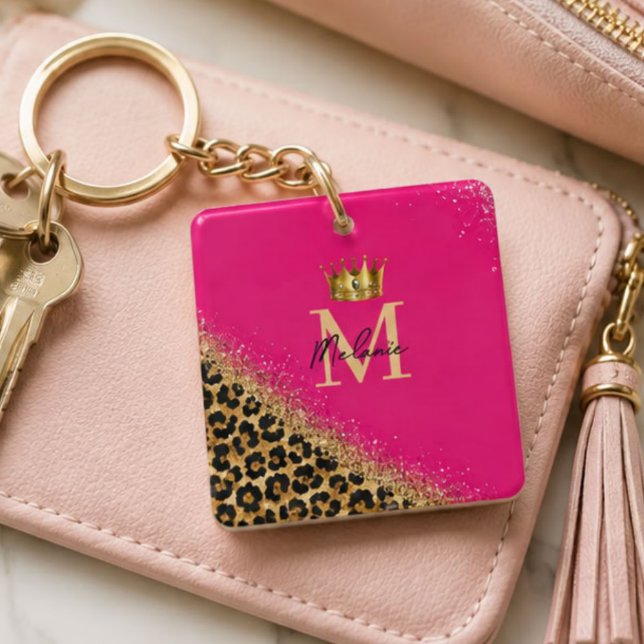 Personalized Pink Leopard Gold Glitter Monogram  Key Ring (Creator Uploaded)