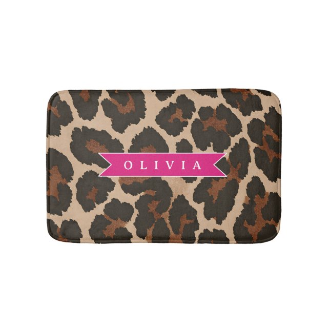 Personalized Pink Leopard Print Chic Animal Print Bath Mat (Front)