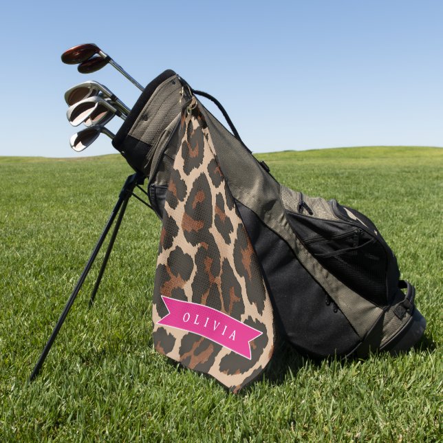 Personalized Pink Leopard Print Chic Animal Print Golf Towel (Green)