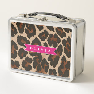 Personalized Pink Leopard Print Chic Animal Print Metal Lunch Box