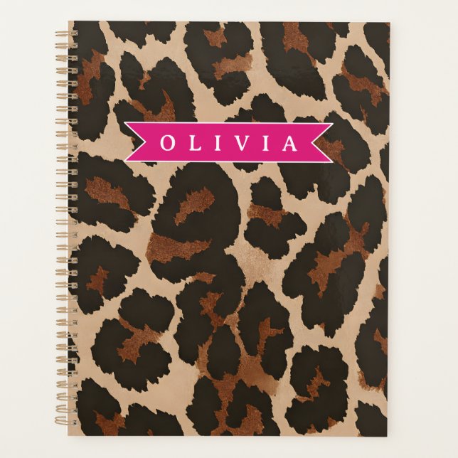 Personalized Pink Leopard Print Chic Animal Print Planner (Front)