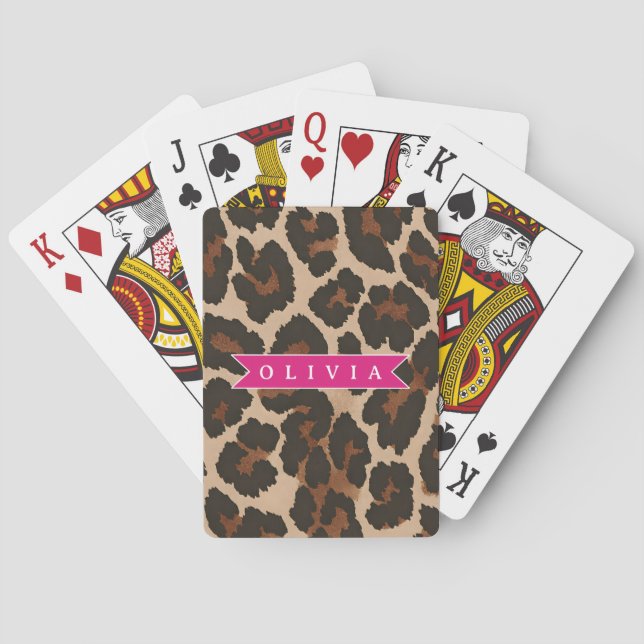Personalized Pink Leopard Print Chic Animal Print Playing Cards (Back)
