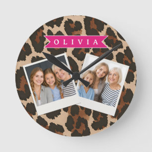 Personalized Pink Leopard Print Chic Animal Print Round Clock