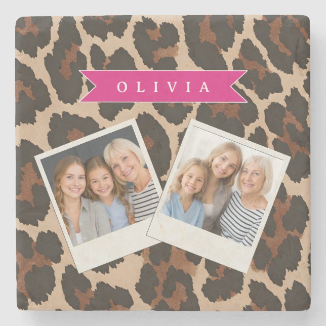 Personalized Pink Leopard Print Chic Animal Print Stone Coaster (Front)