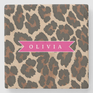 Personalized Pink Leopard Print Chic Animal Print Stone Coaster