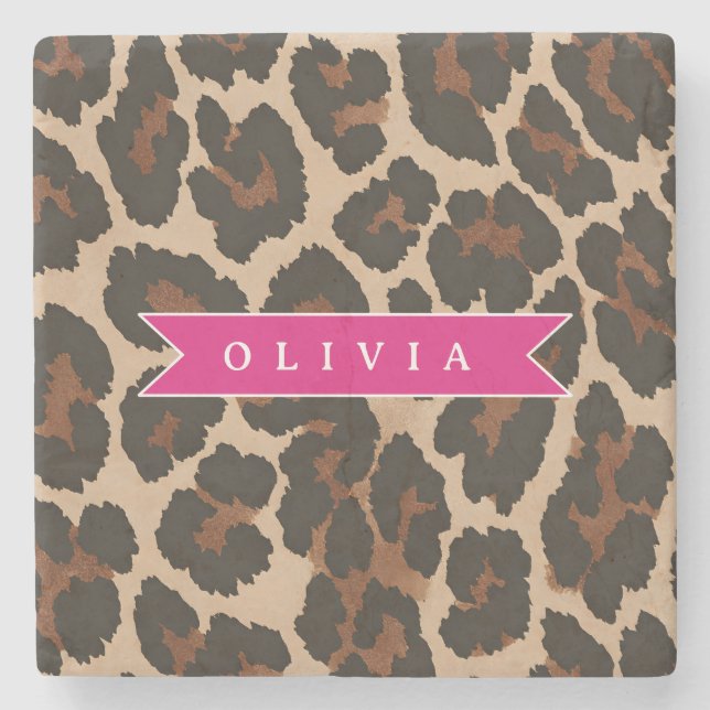 Personalized Pink Leopard Print Chic Animal Print Stone Coaster (Front)