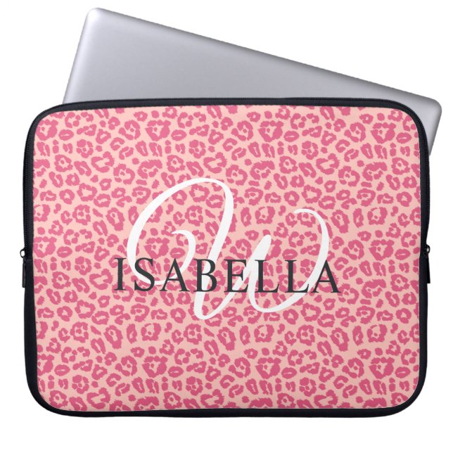 Personalized Pink Leopard Print Name Monogram Laptop Sleeve (Front)