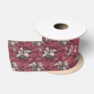 Personalized Pink Lilies Themed Garden Birthday Satin Ribbon