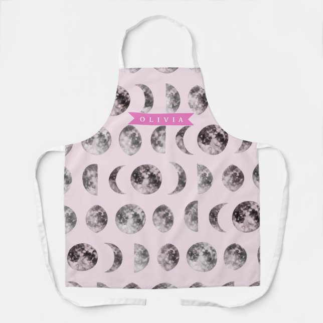 Personalized Pink Moon Phase Celestial Name Gift Apron (Front)