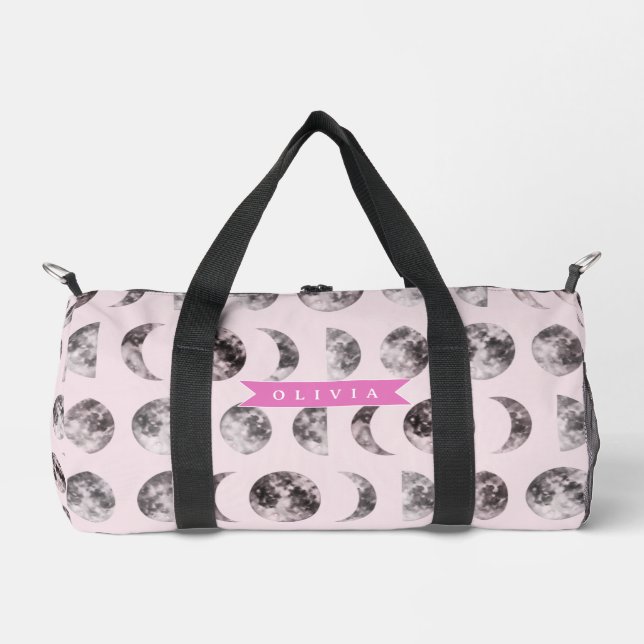 Personalized Pink Moon Phase Celestial Name Gift Duffle Bag (Front)