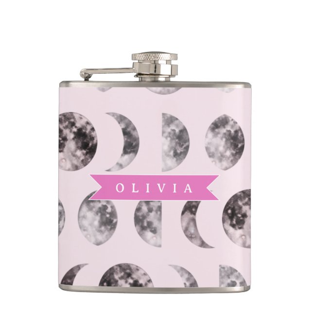 Personalized Pink Moon Phase Celestial Name Gift Hip Flask (Front)