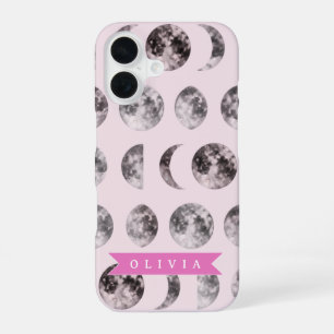 Personalized Pink Moon Phase Celestial Name Gift iPhone 16 Case