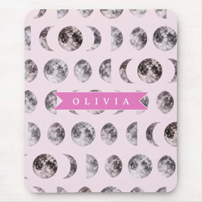 Personalized Pink Moon Phase Celestial Name Gift Mouse Mat (Front)