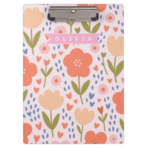 Personalized pink nordic cute folk floral pattern clipboard