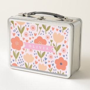 Personalized pink nordic cute folk floral pattern metal lunch box