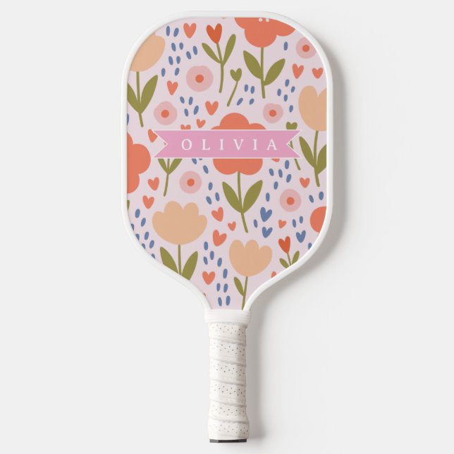Personalized pink nordic cute folk floral pattern pickleball paddle (Front)
