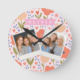 Personalized pink nordic cute folk floral pattern round clock