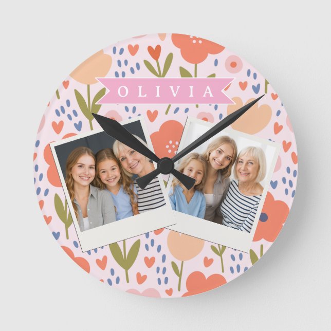 Personalized pink nordic cute folk floral pattern round clock (Front)
